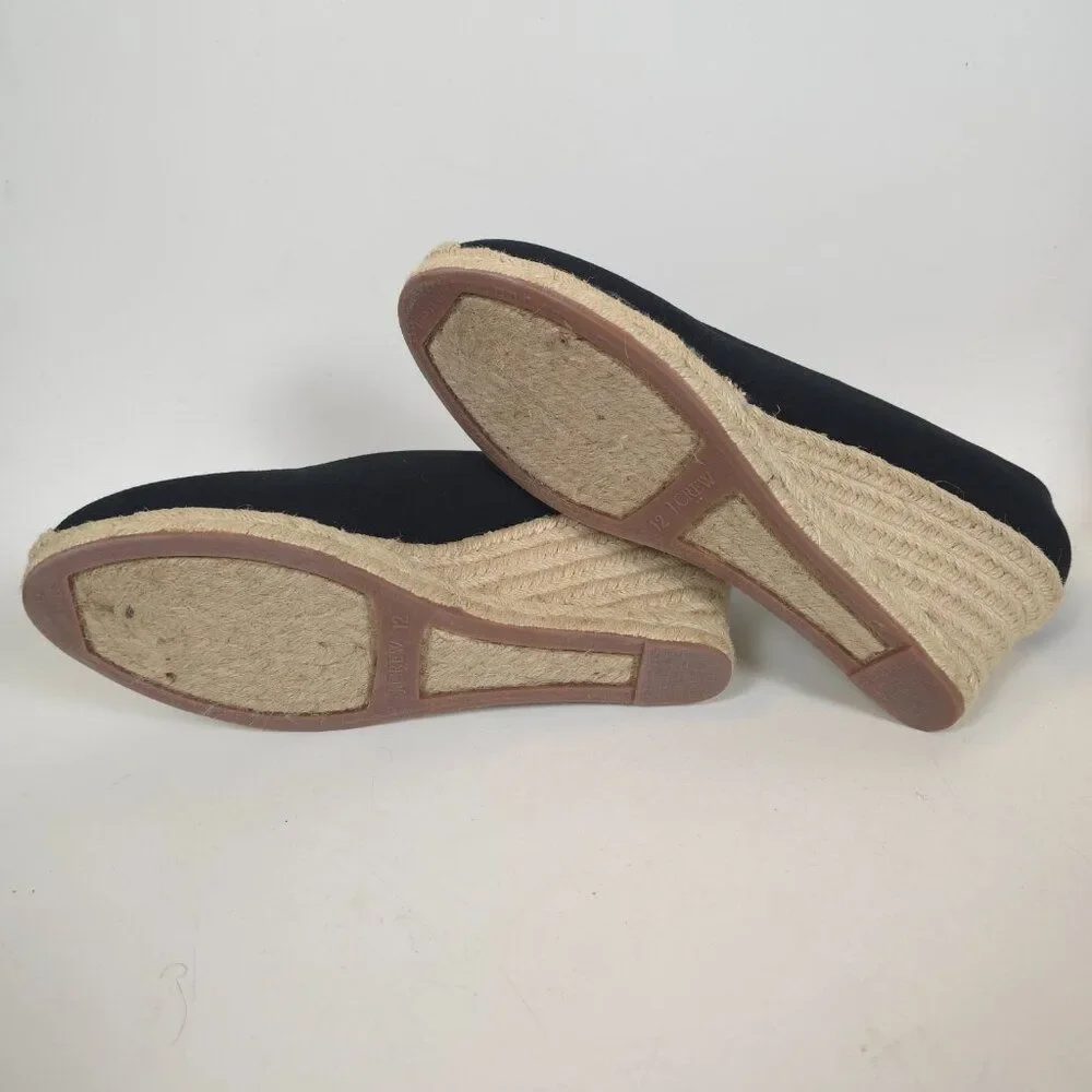 J.Crew Espadrille Wedge Shoes Black Cream Canvas Rope Heel Womens Size 12